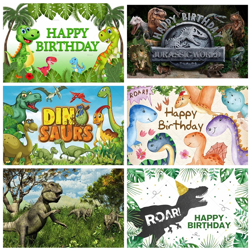 Jurassic Dinosaur Cartoon Theme Boy Happy Birthday Photo Background Custom Woodland Party Decorations Banner Tropical Jungle