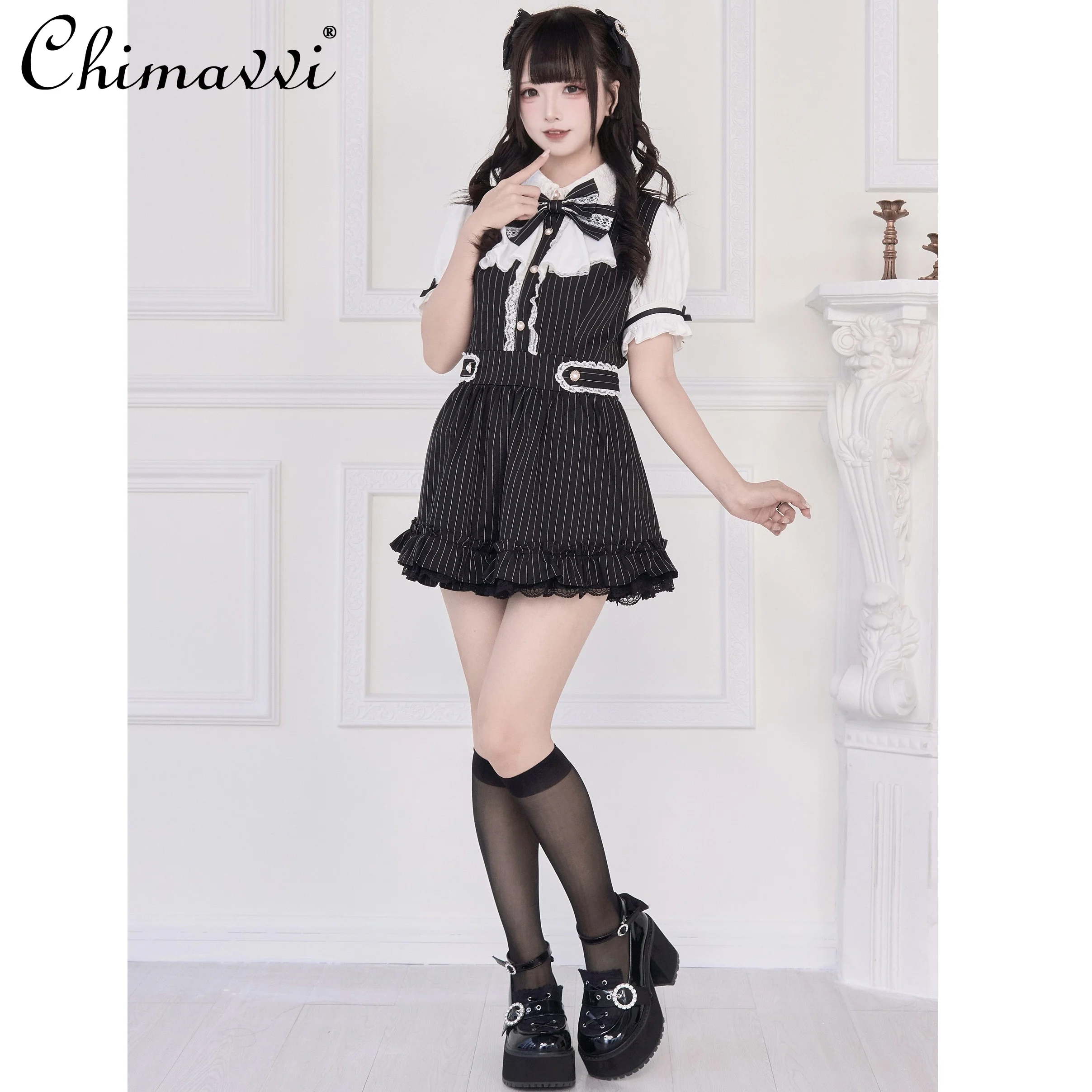 

Original Japanese Striped Dress Set New Summer Mass-produced Bud Suit Subculture Short-sleeved Top + Shorts Lolita Two-piece Set
