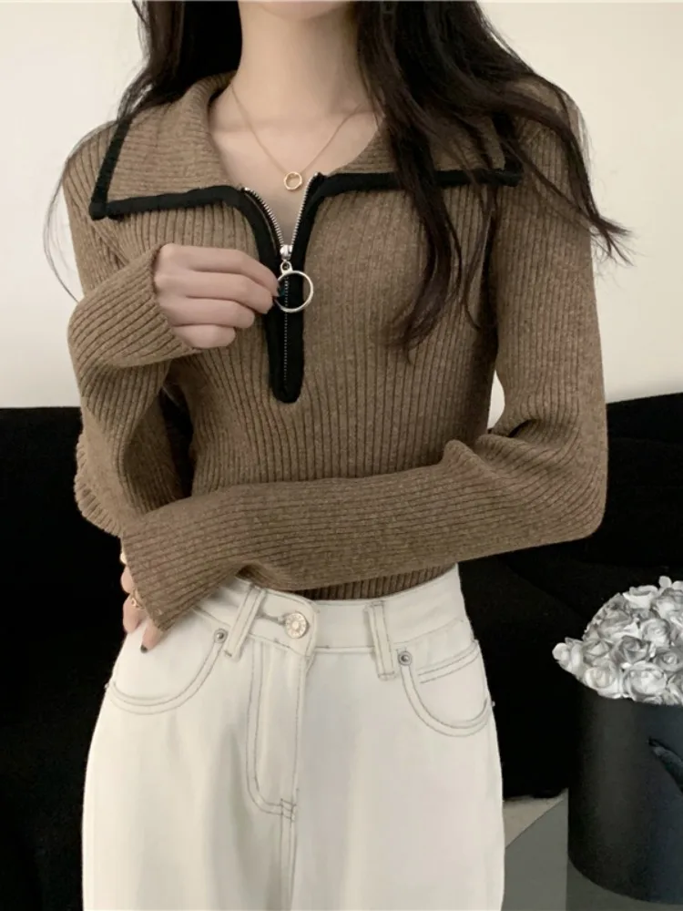 American Style Long Sleeve  Neck Knitted Sweater Women's Spring Winter 2026 New High-End Half Zip Inner Wear Top