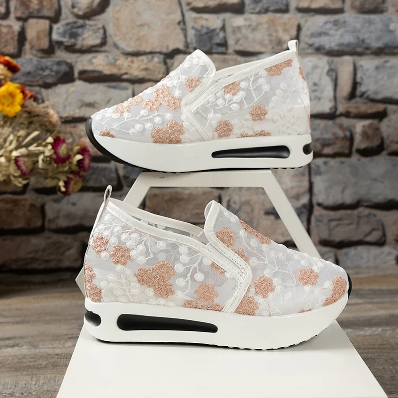 Women's Sneakers Floral Embroidery Mesh Sneakers for Women Slip on Casual Comfy Heeled Shoes Woman White Size 42