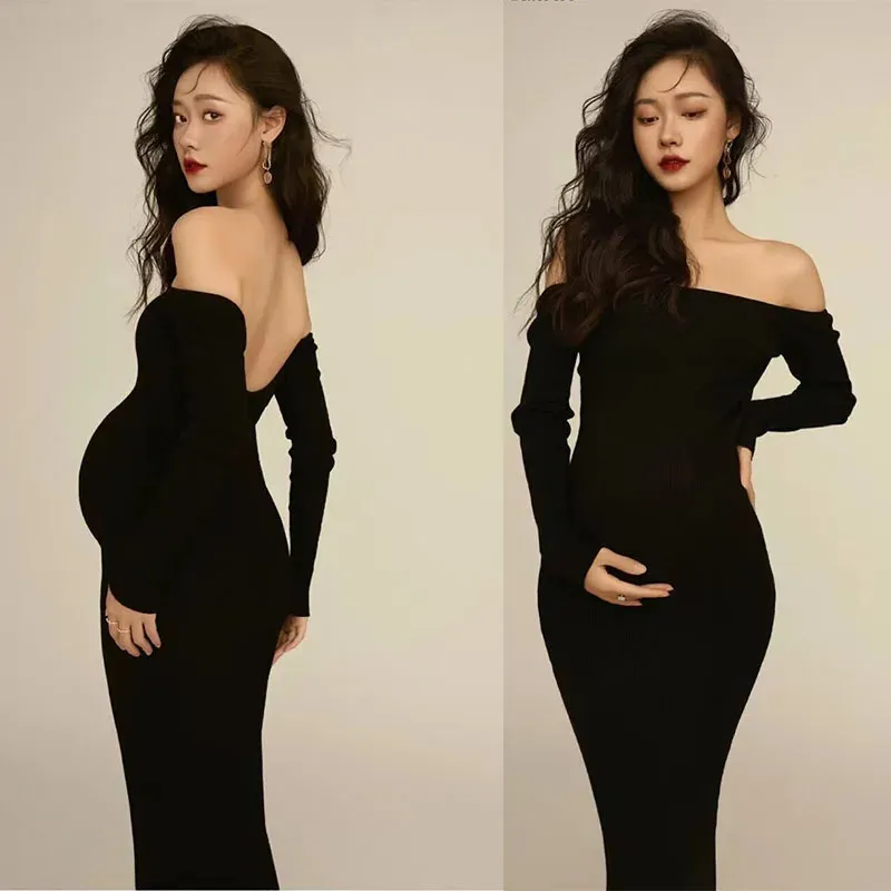 Vestidos de maternidad sexys para Sesión de fotos, ropa de embarazo de manga completa sin espalda, accesorios de fotografía, Vestido largo de punto