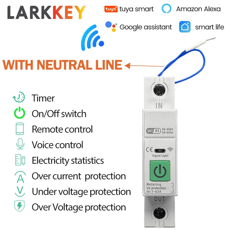Tuya WIFI 1P Smart Circuit Breaker 63A DIN Rail Switch Power Meter Voice Remote Control Google Home Alexa APP with Neutral Line