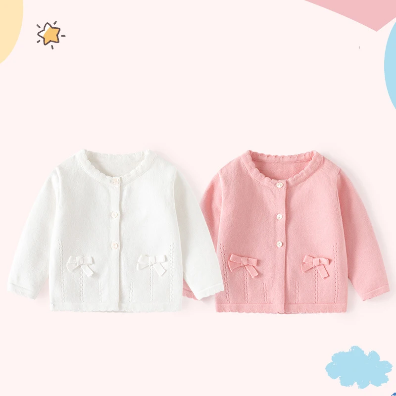 UNITIM Autumn Baby Girls Cardigan Knitted Cotton Solid Sweet Knotbow Soft Toddler Girls Coat 1-5 Years Kids Girls Sweaters