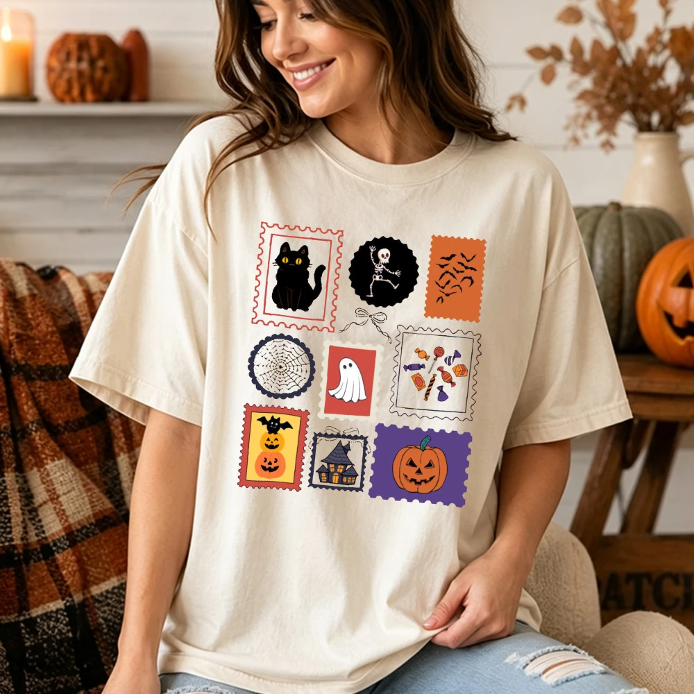 Vintage Halloween Stamp Collage Graphic Shirt Women Ghost Pumpkin Black Cat Bat Print Short Sleeve Spooky Season Fall Casual Top