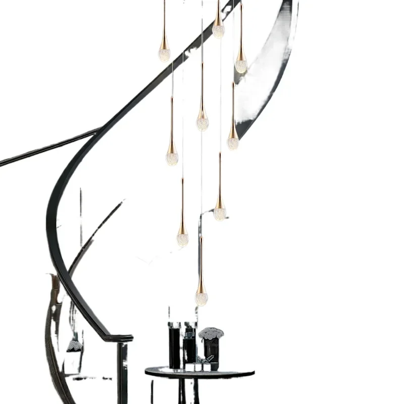

Modern simple stair chandelier crystal light luxury duplex building empty living room large villa rotating staircase