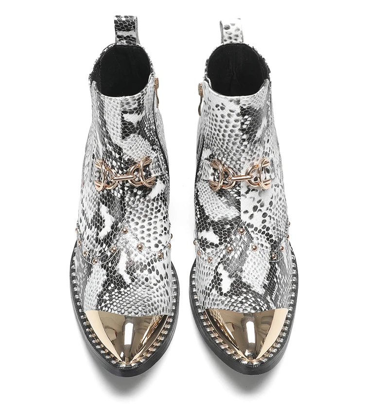 Designer Metall Karree Cowboy Motorrad Kurze Stiefel Männlich Große Größe Nieten Echtes Leder Stiefeletten Business Formale Schuhe – Detail 7