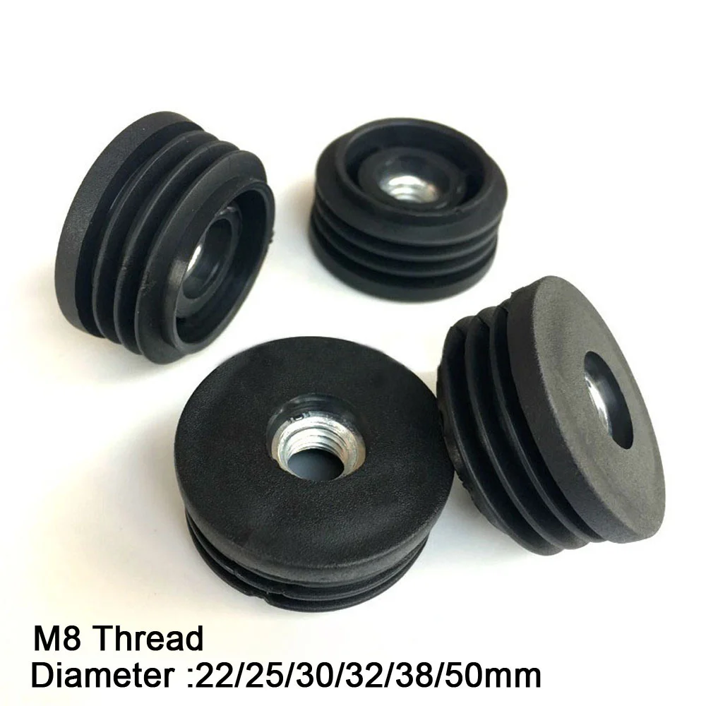 2/4/8 Pcs Black Plastic Round End Cap  Pipe Inserts with Metal Thread Diameter 22/25/30/32/38/50mm