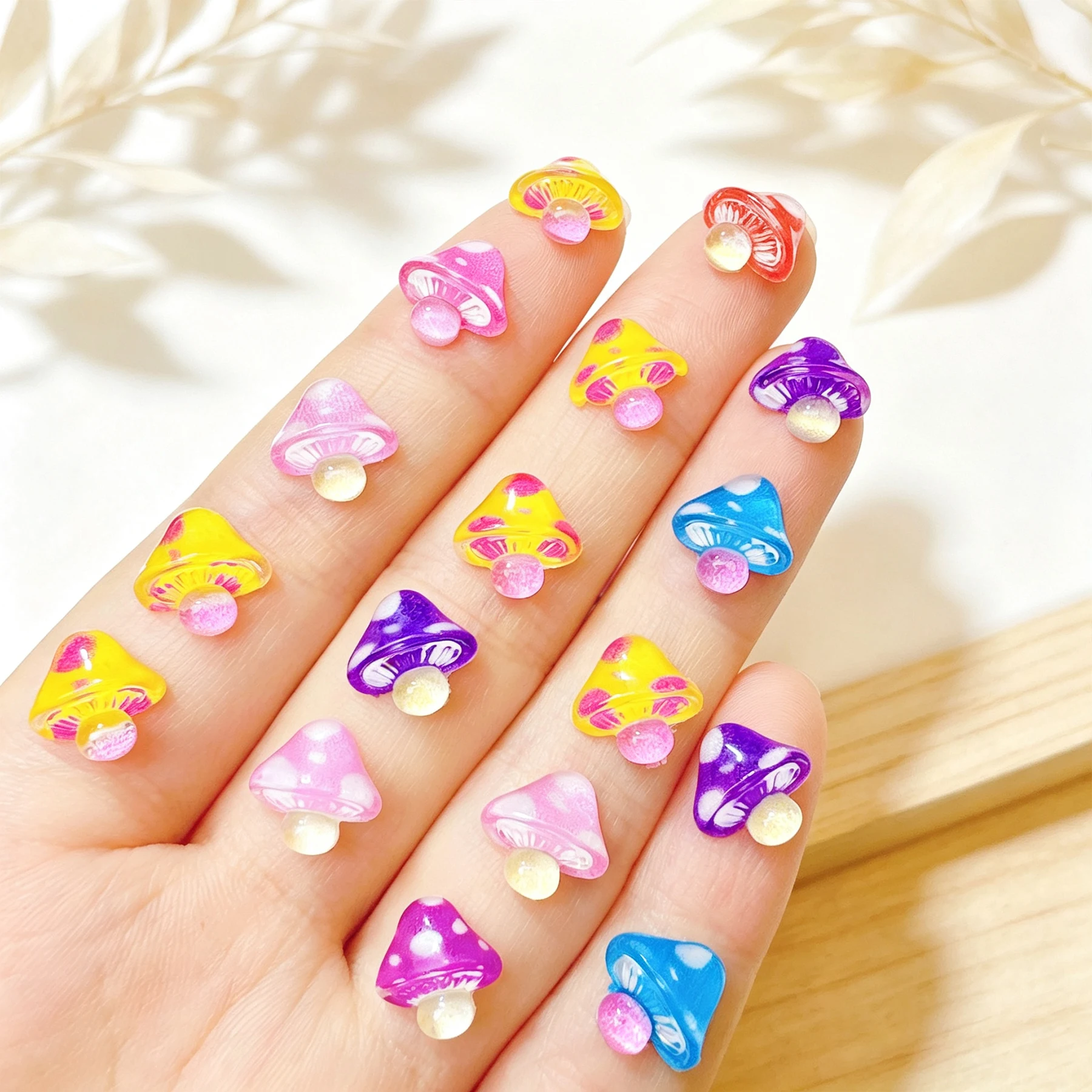 50Pcs Mixed Colors Mushroom Resin Nail Charms Translucent Polka Dot Fungus Nails Art Decorations DIY Manicure Crafts Supplies ZC