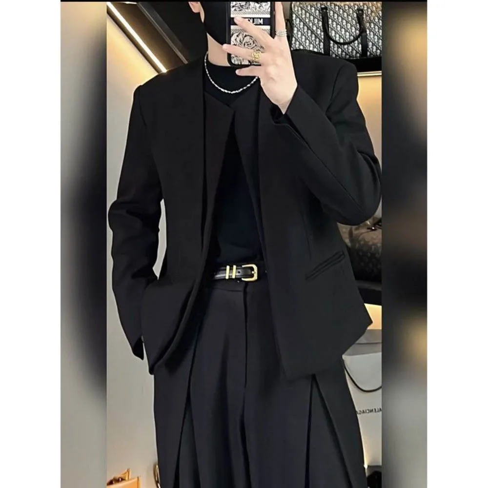 

Осенний новый мужской однотонный пиджак с длинными рукавами, американский ретро-модный тренд, свободные нишевые мужские топы High Street, 2025 г.