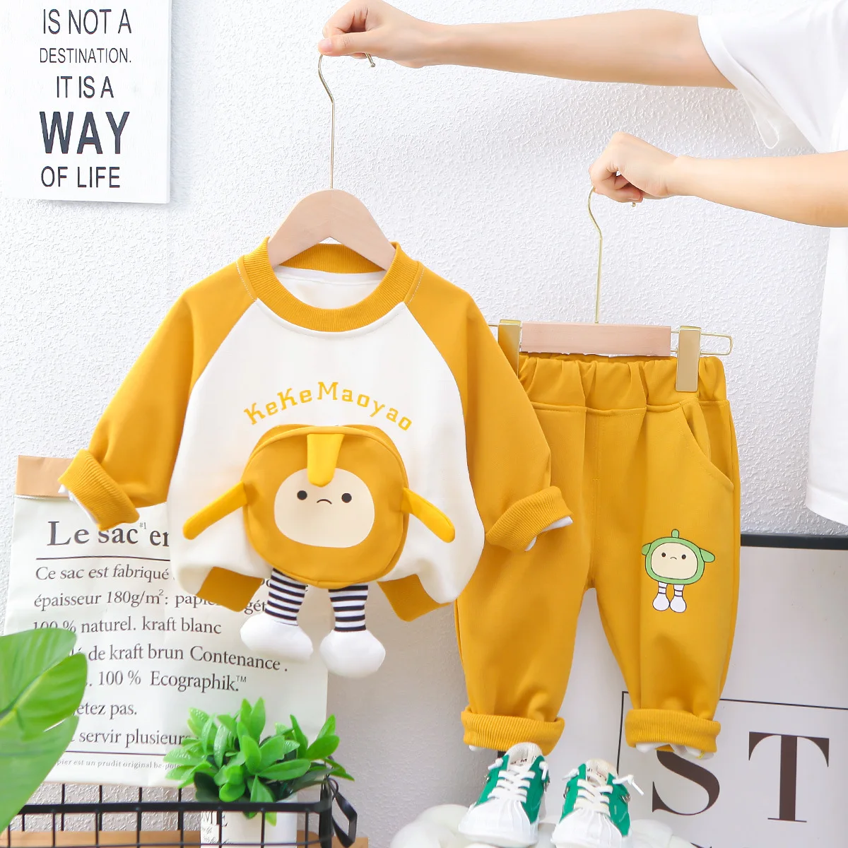 Autumn Kids Boys 2PCS Clothes Set Cotton Patchwork Sleeve Cartoon Pullovers Stretch Pocket Pants Suit Toddler Boys Outfits