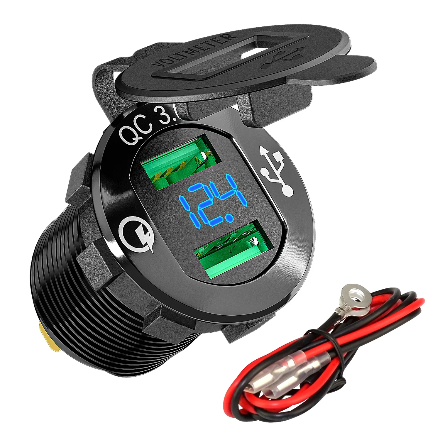 Quick Charge 3.0 USB Charger Socket Car Aluminum Dual Power Outlet Fast Charger Voltmeter & Wire Fuse For Motorcycle Automotive