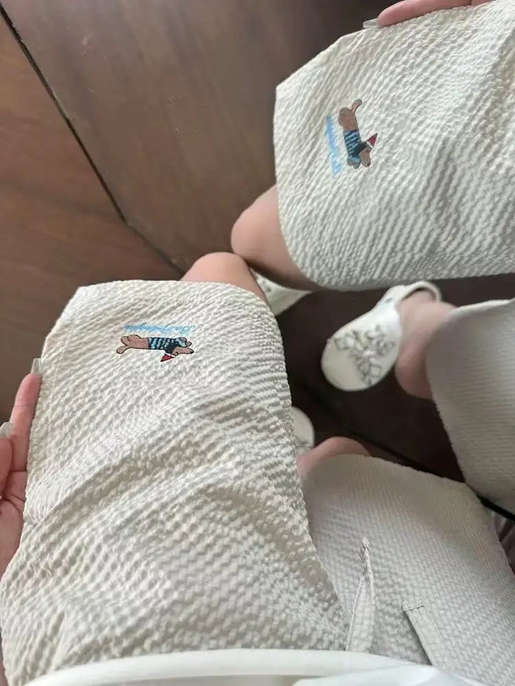 

Textured Ice Silk Sports orts Men's Summer Thin Embroidered Casual Loose Qui Dry Pants Straight Leg Elastic Waisand