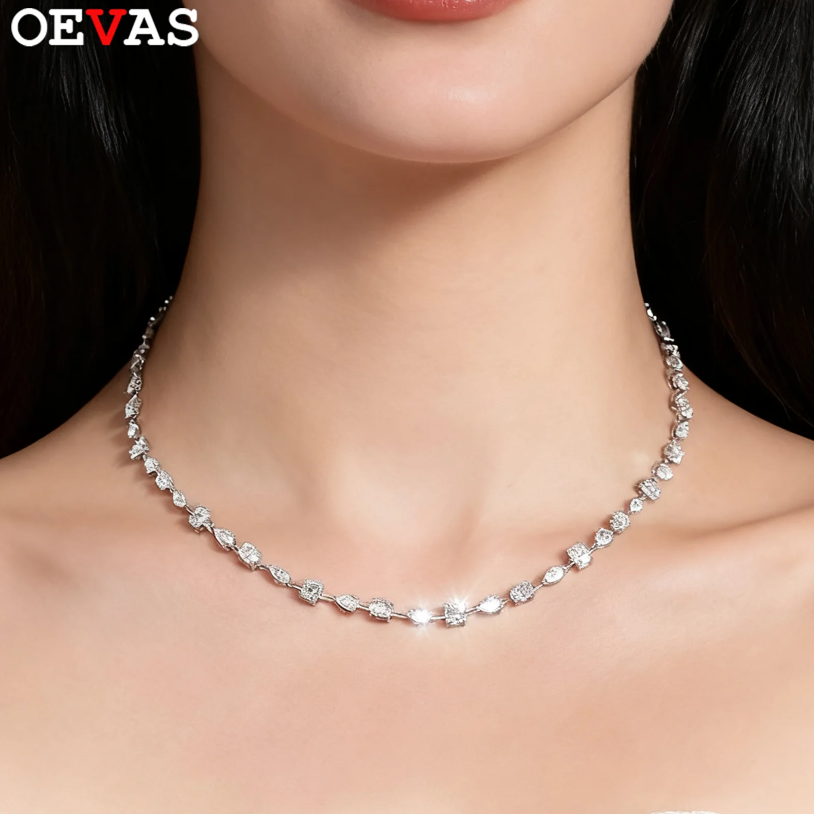 

OEVAS 11.45cttw Full Moissanite Choker Necklace for Women S925 Silver Lab Diamond Wedding Party luxury NeckChain Fine Jewelry