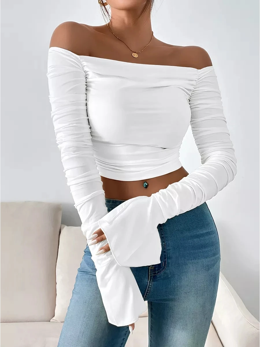 Women's Pleats Slimming Exposed Navel T-shirt Lined Sleeves Top Fashion One Neck Strapless Top