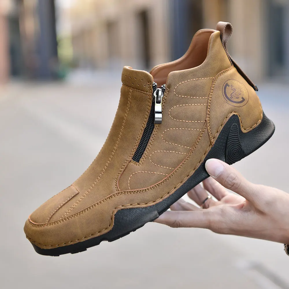 Men's Ankle Chukka Boots with Double Zippers, Artificial Leather, Casual High-Top Shoes