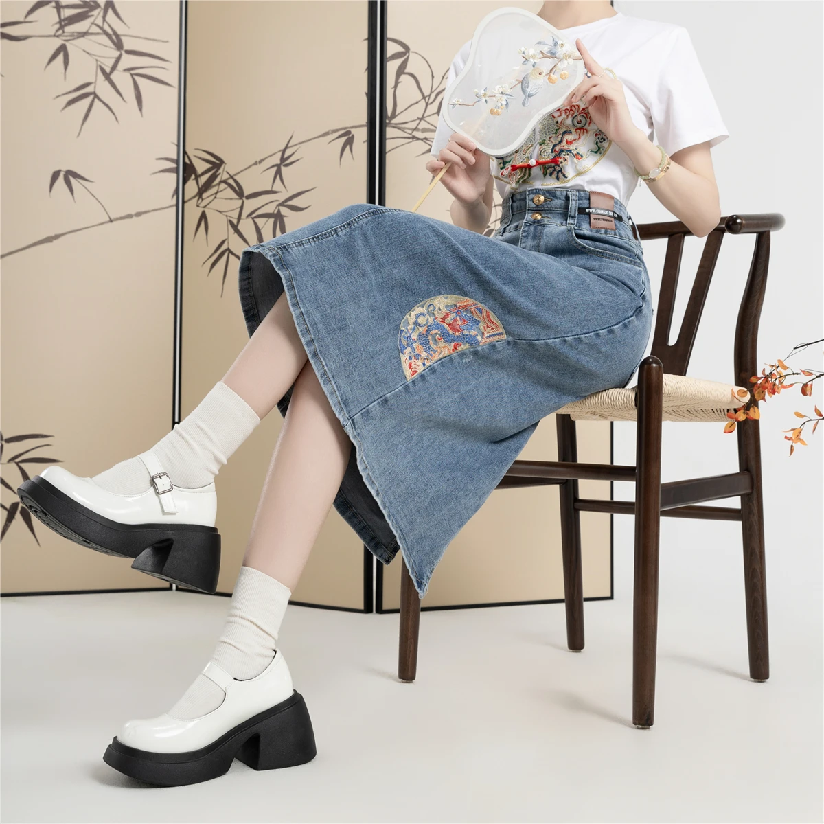 New 2024 Spring Summer Denim Skirt For Women High Waist Embroidery Back Slit Blue Jean Skirts Chinese Style A Line Skirt Women