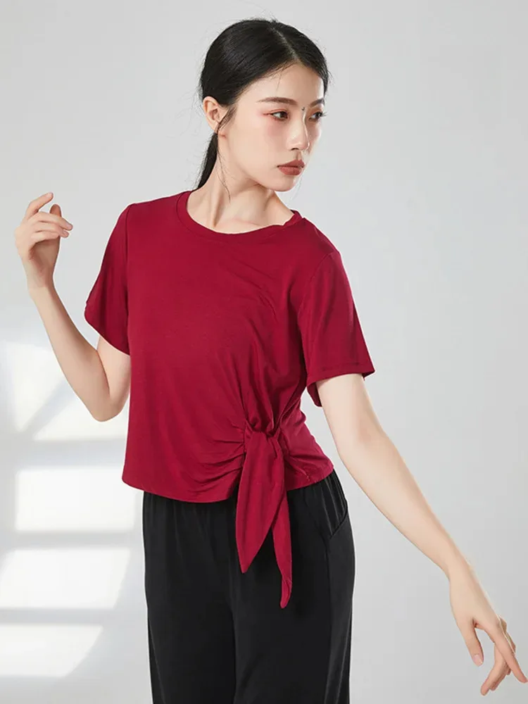 

Solid Color Round Neck Loose Fit Split Hem Short Sleeve Top Modern Dance Stage Performance Latin Women Irregular Street T-shirt
