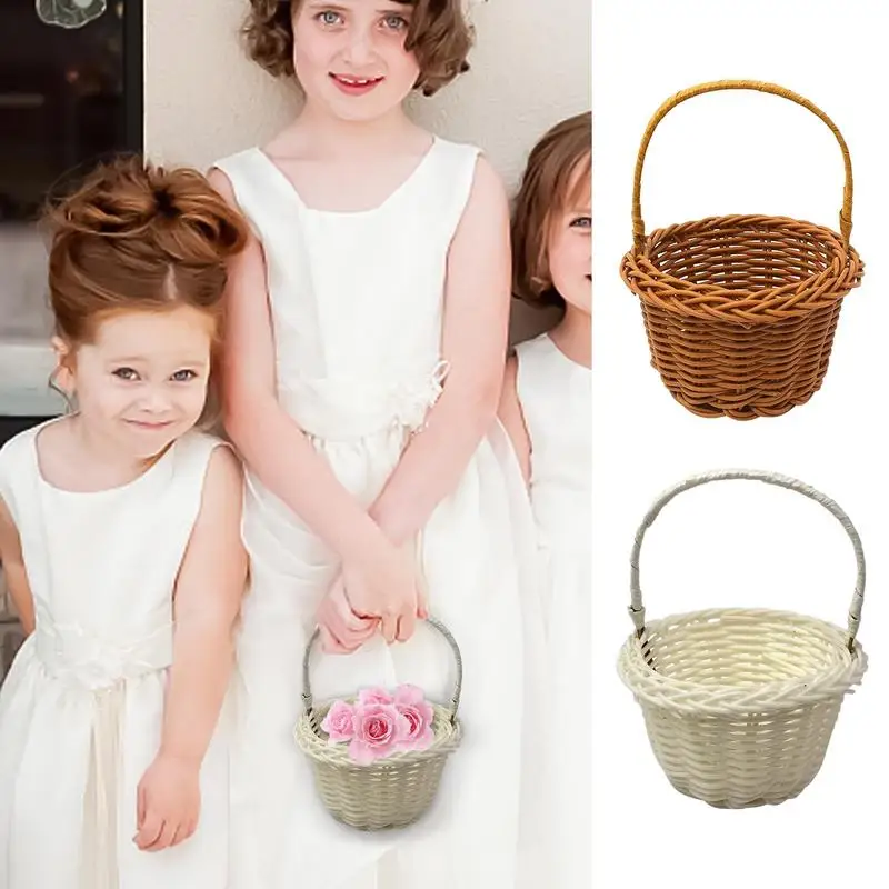 White Flower Girls Basket Weaving Wedding Baskets For Flowers Bride/Kids Hand Held Wedding Basket Woven Storage Basket