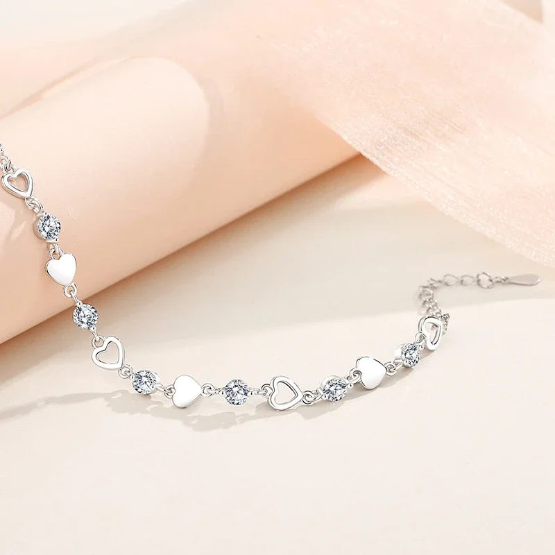 925 Sterling Silver Hollow Heart Zircon Bracelets For Women Korean Sweet Sparkling Adjustable Chain Bracelet Fashion Jewelry