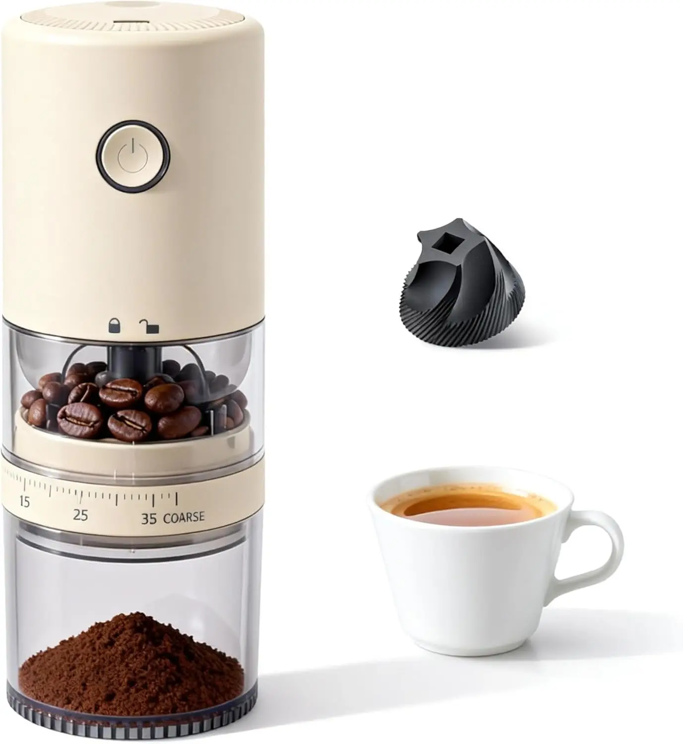 Portable Electric Burr Coffee Grinder - Grind While Charging - Visual Bean Hopper - 38 External Grind Settings - 1.8X Fa