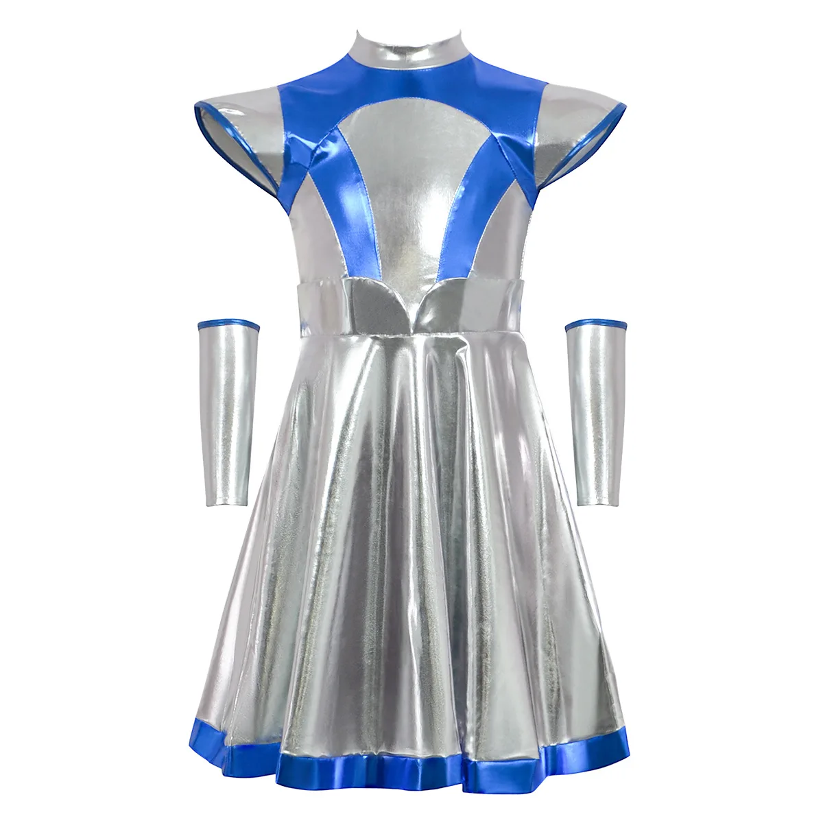 Disfraz de Alien para niñas, disfraz de astronauta Robot de Halloween, vestido metálico brillante con manga para el brazo, conjunto de ropa elegante