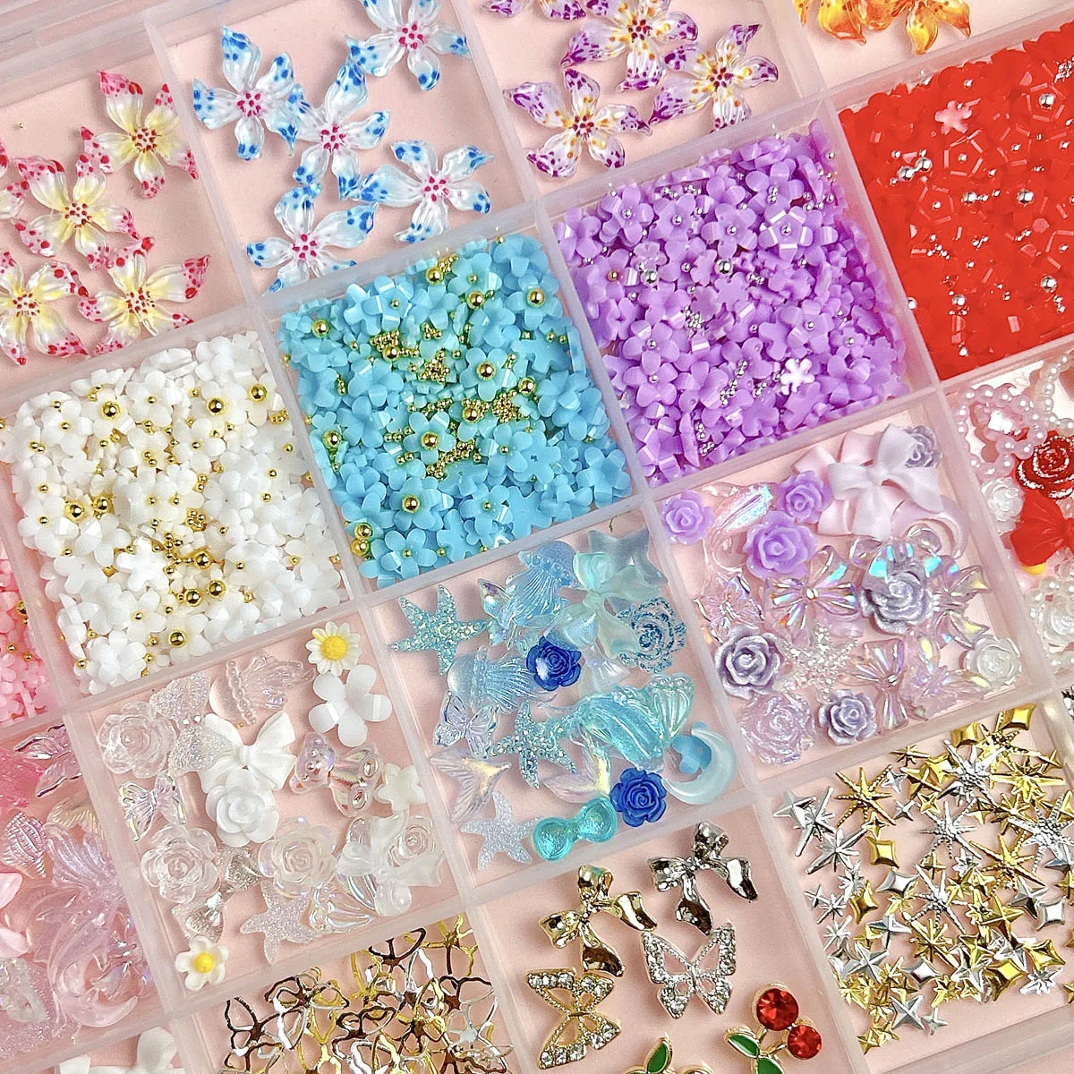 1 caixa transparente arco lua resina encantos do prego liga mini borboleta strass colorido flor havaiana decorações da arte do prego diy