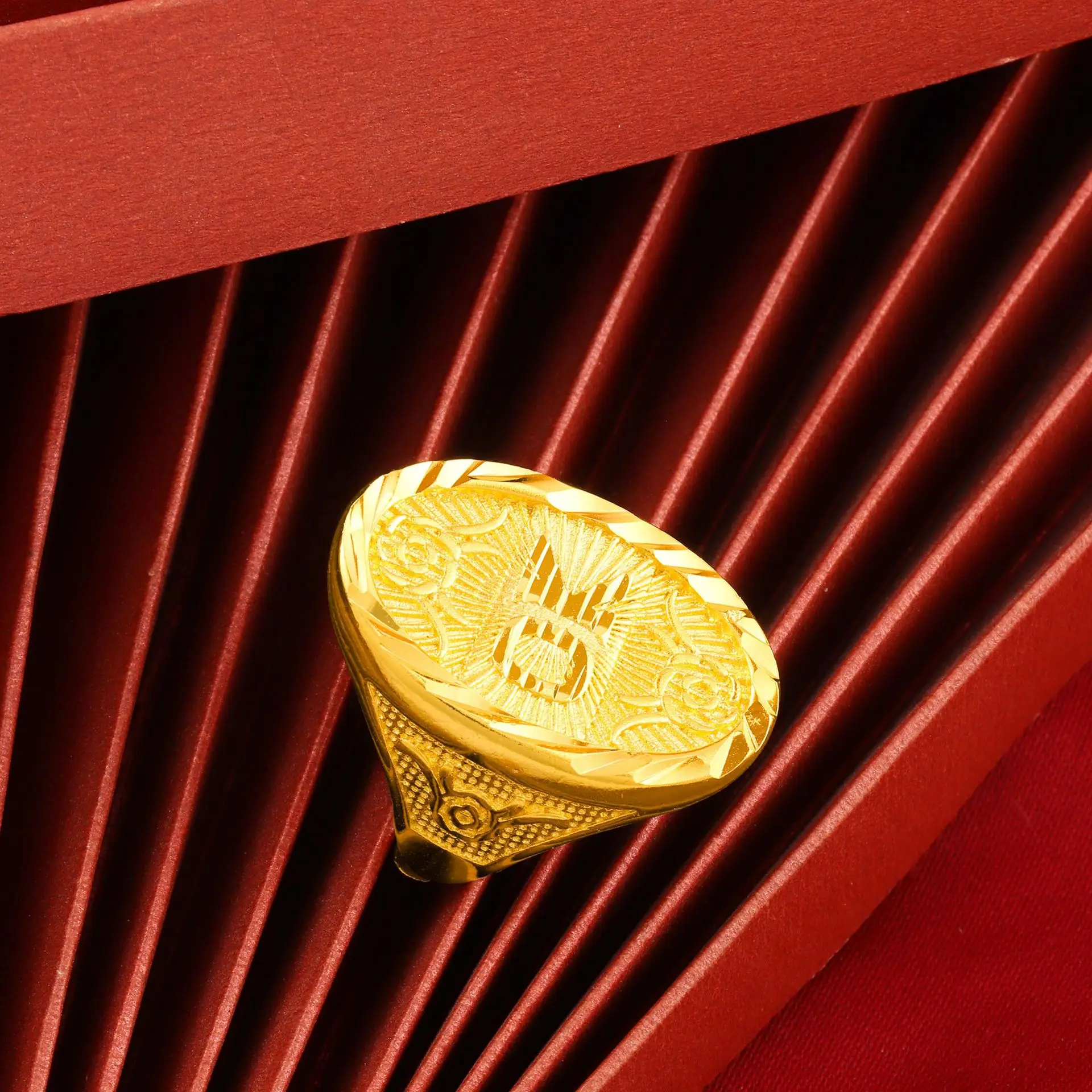 

Men's 24K Gold (AU999) Bold Round Open "OK" Ring | 18mm Matte Disc with Archaic Inscription, Edgy for Urban Rides