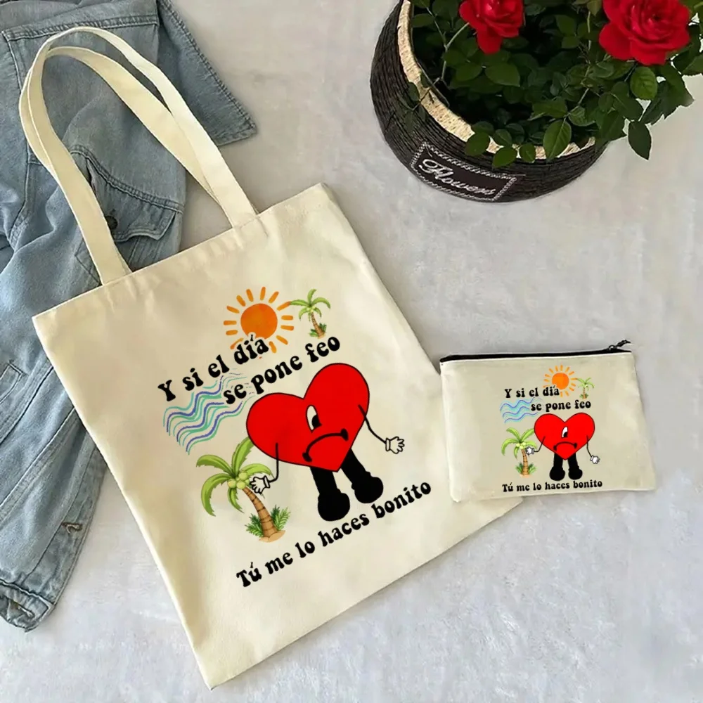 Un Verano Sin Ti Gift Bag Set, Bad Bunny Print Tote Bag, Casual Canvas Shoulder Bag with Mini Storage Bag