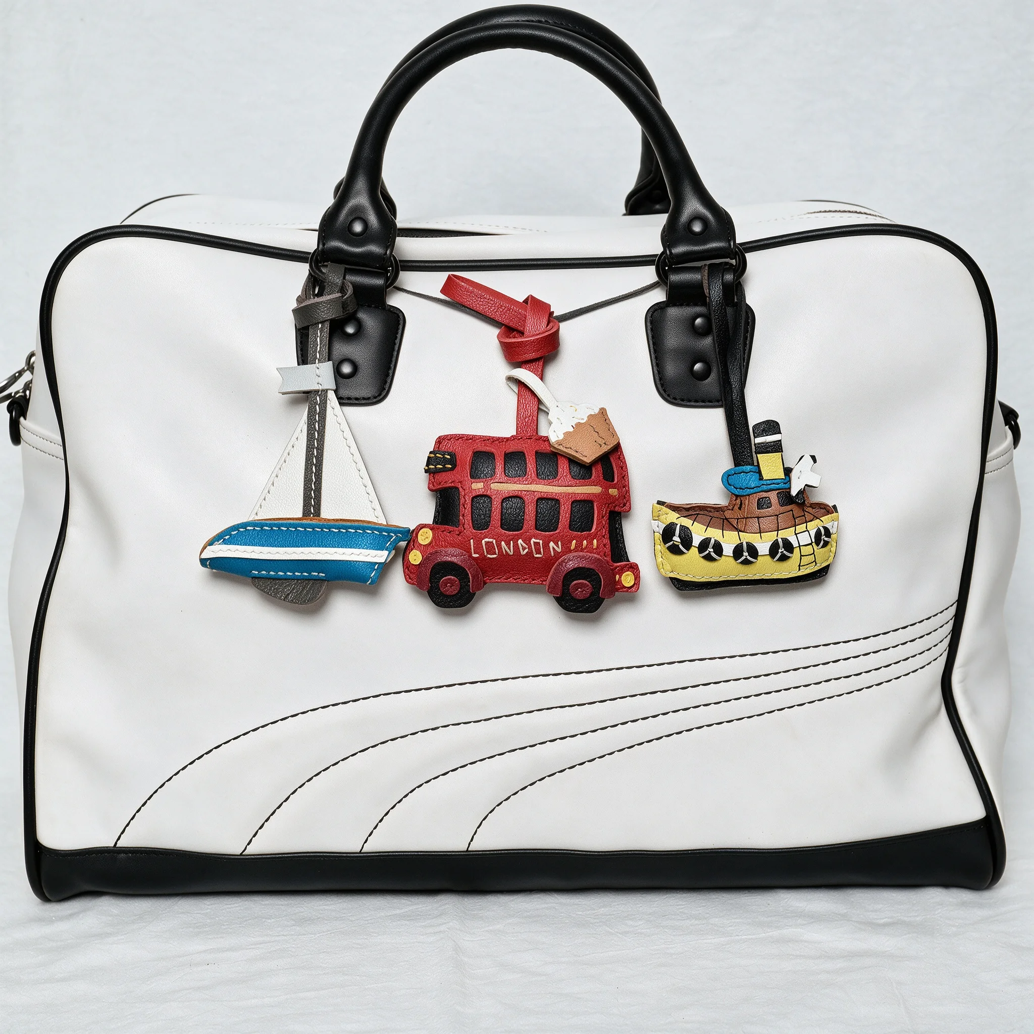 Handmade Genuine Real Leather Vehicle Bag Charm Sailboat, Red London Bus & Yellow Submarine Pendant for Handbags and Ba