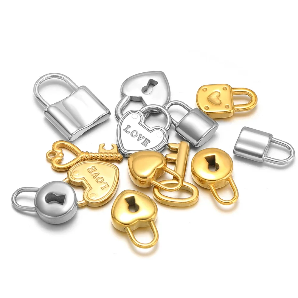 5pcs Gold Plated Stainless Steel Heart Lock Pendants Key Series Love Charms DIY Jewelry Making Necklace Bracelet Fittings Bulk - Detail 1