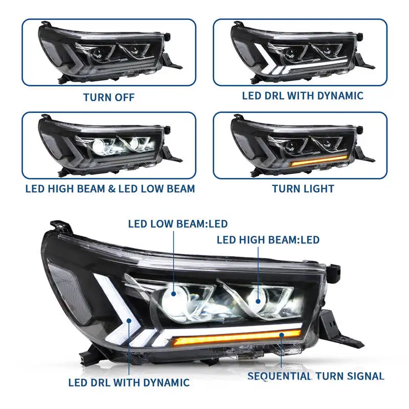 Car LED Headlight Assembly For Toyota HILUX 2015-2019 Daytime Running Light Streamer Turn Signal Indicator Front Lamp