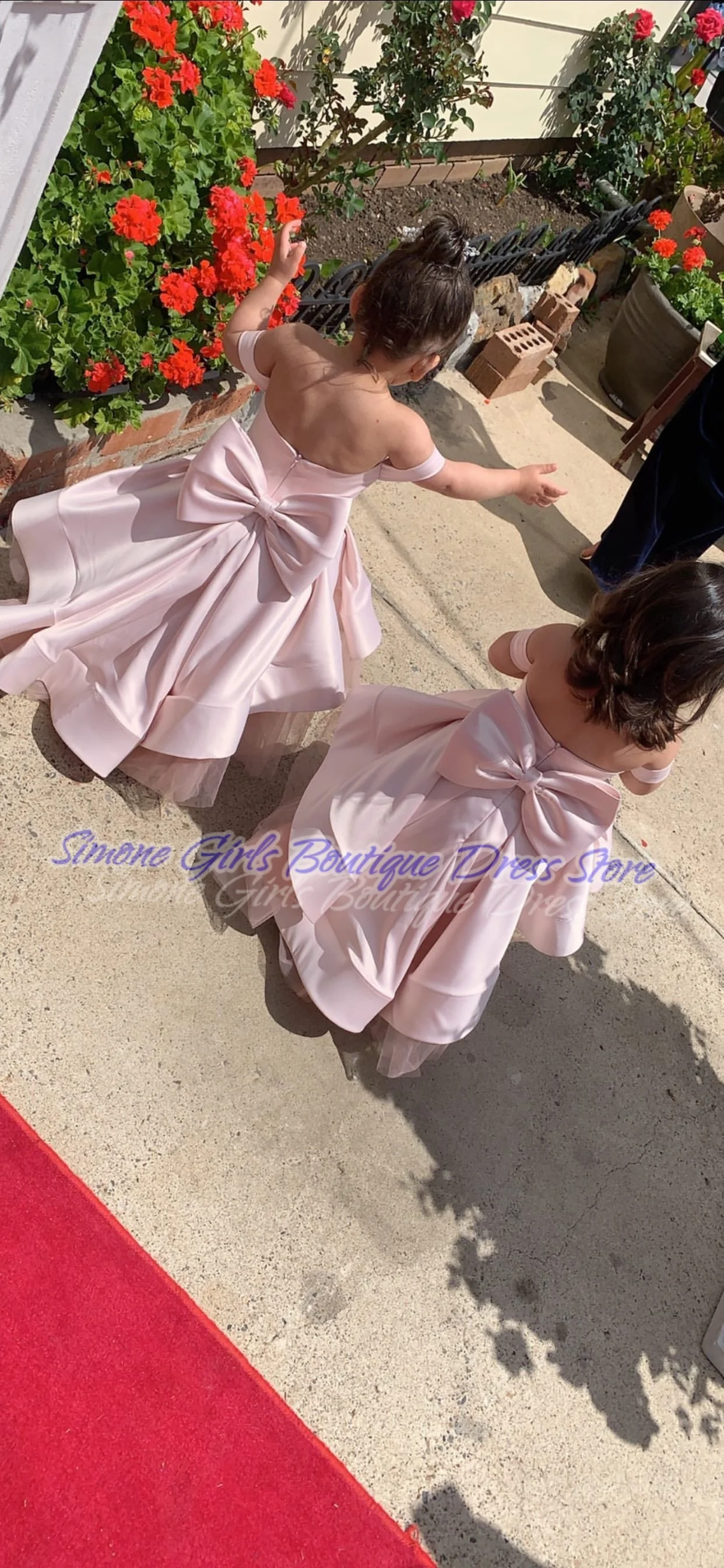 Satin Backless Bow Off shoulder Ruched Flower Girl Dress for Wedding Ceremonies Formal Receptions Dance Performances Parties