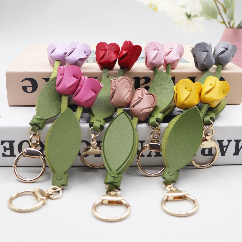 Pendentif de sac à fleurs en cuir véritable, marque Design Original, exquis, fait à la main, Simulation de fleur, porte-clés tulipe Osmanthus