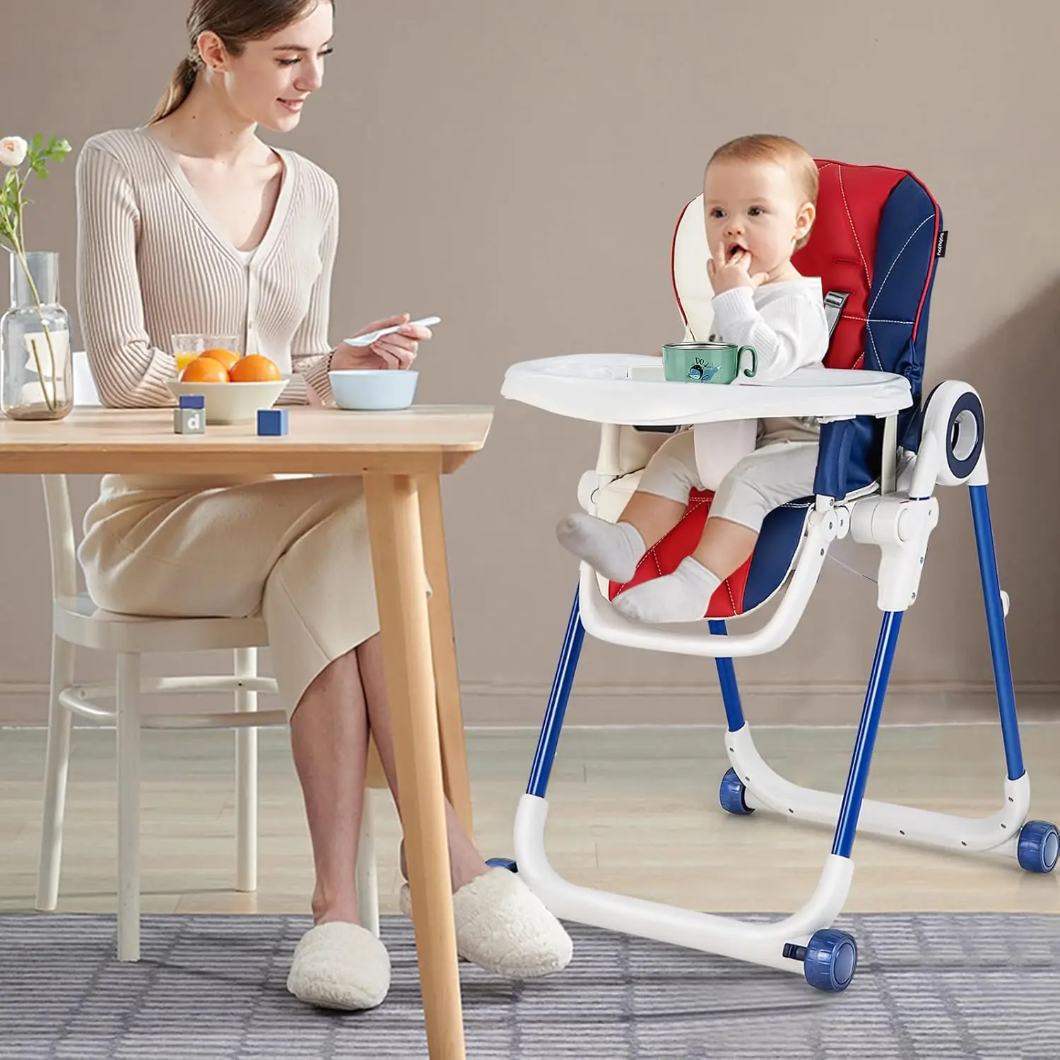 High Chair with Wheels, Foldable Highchair for Babies & Toddlers, Adjustable Backrest/Footrest/Seat Height,