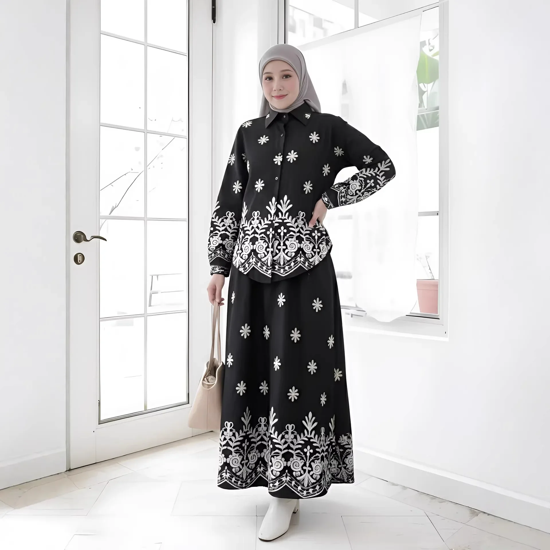 

2PCS Eid Muslim Set Women Embroidered Shirts Skirts Dubai Abaya Dress Eid Islam Clothing Outfits Suit Femme Musulmane Ensembles