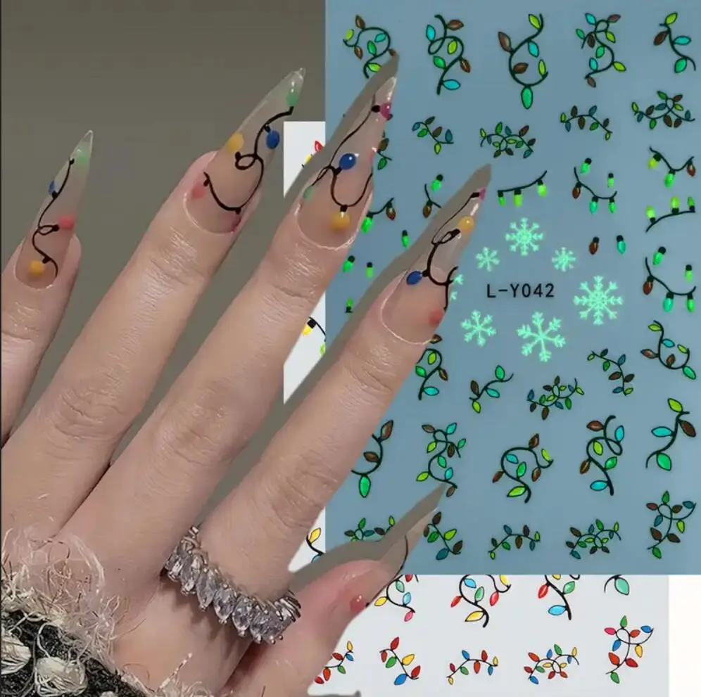 3D New Luminous Colored Light Bulbs Christmas Tree Nail Art Stickers Noctilucent Lanterns Snowflakes Santa Claus Nail Decals