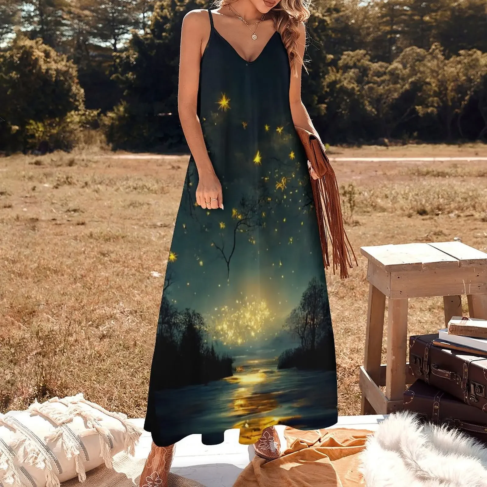 Beautiful twinkling stars in a big sky over a tree lined lake. Sleeveless Dress prom dresses 2025 summer clothes