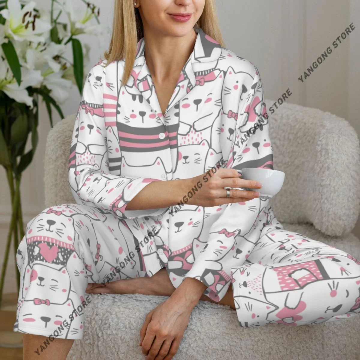 

Women's Pajamas Long-sleeved Girl Loungewear Two-piece Set Cute Cats Pajamas for Autumn Spring