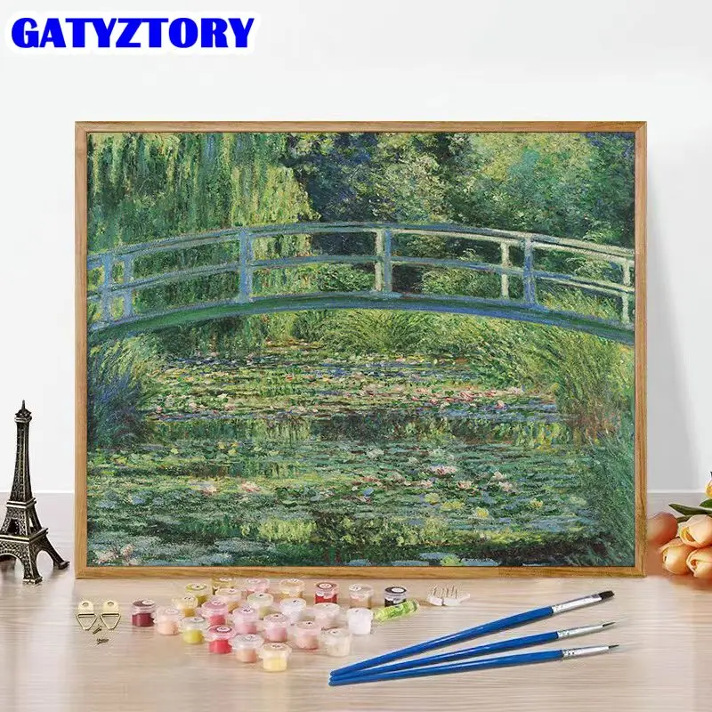 GATYZTORY dipinto con i numeri con cornice Monet water lily dipinto a mano su tela disegno con i numeri per la decorazione domestica degli adulti