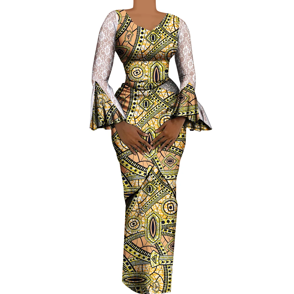 

Women African Outfits 2 Pieces Set Shiny Flare Sleeves V Neck Tops and Long Pencil Skirts African Clothes for Women WY9972
