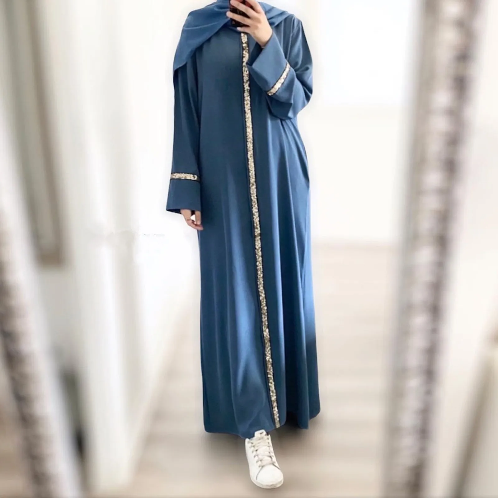 Sequins Women\'s Hijab Dress Ramadan Saudi Arabia Turkey Dress Long Sleeved Loose Kebaya Robe Prayer Clothes Islam Clothing