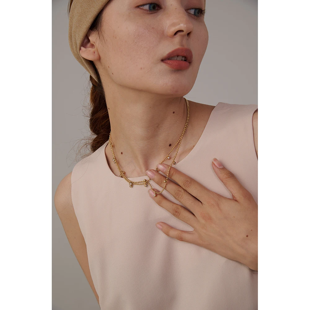 Yhpup Cubic Zirconia Bead Chic Double Layered Jewelry Necklace Stainless Steel New Collar Women Necklace бижутерия Party Gift