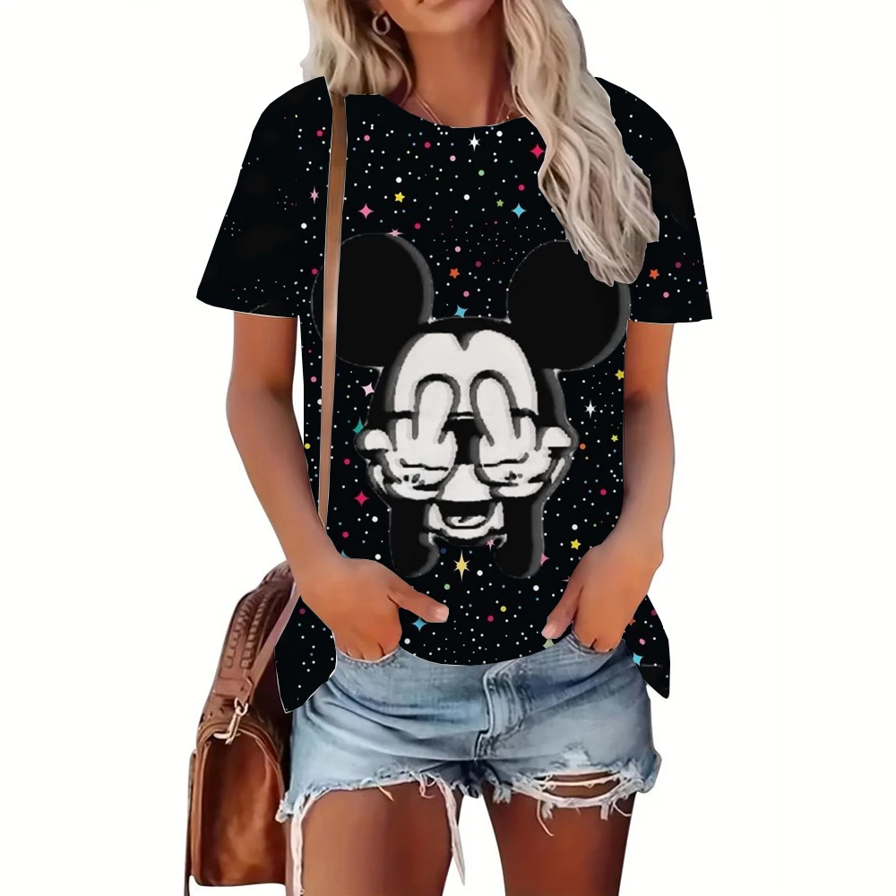 Disney Mickey Mouse Print Cartoon T-shirts Tops for Women Lady S-3XL Summer Female T-shirts Black O-neck Hot Tees T-shirts