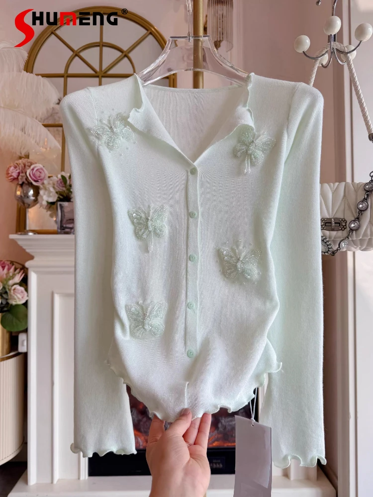 

Women's 2026 Spring New Loose Single-breasted Lapel Wood Ear Edge Diamond Decoration Cardigan Long Sleeves Knitting Shirt Tops