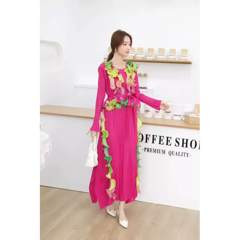 重刺繍ロングスカート-グラデーションカラー-木製耳飾りデザイン-ゆったり宴会ガウン-ウエストシェイプ-スリム-パーティードレス