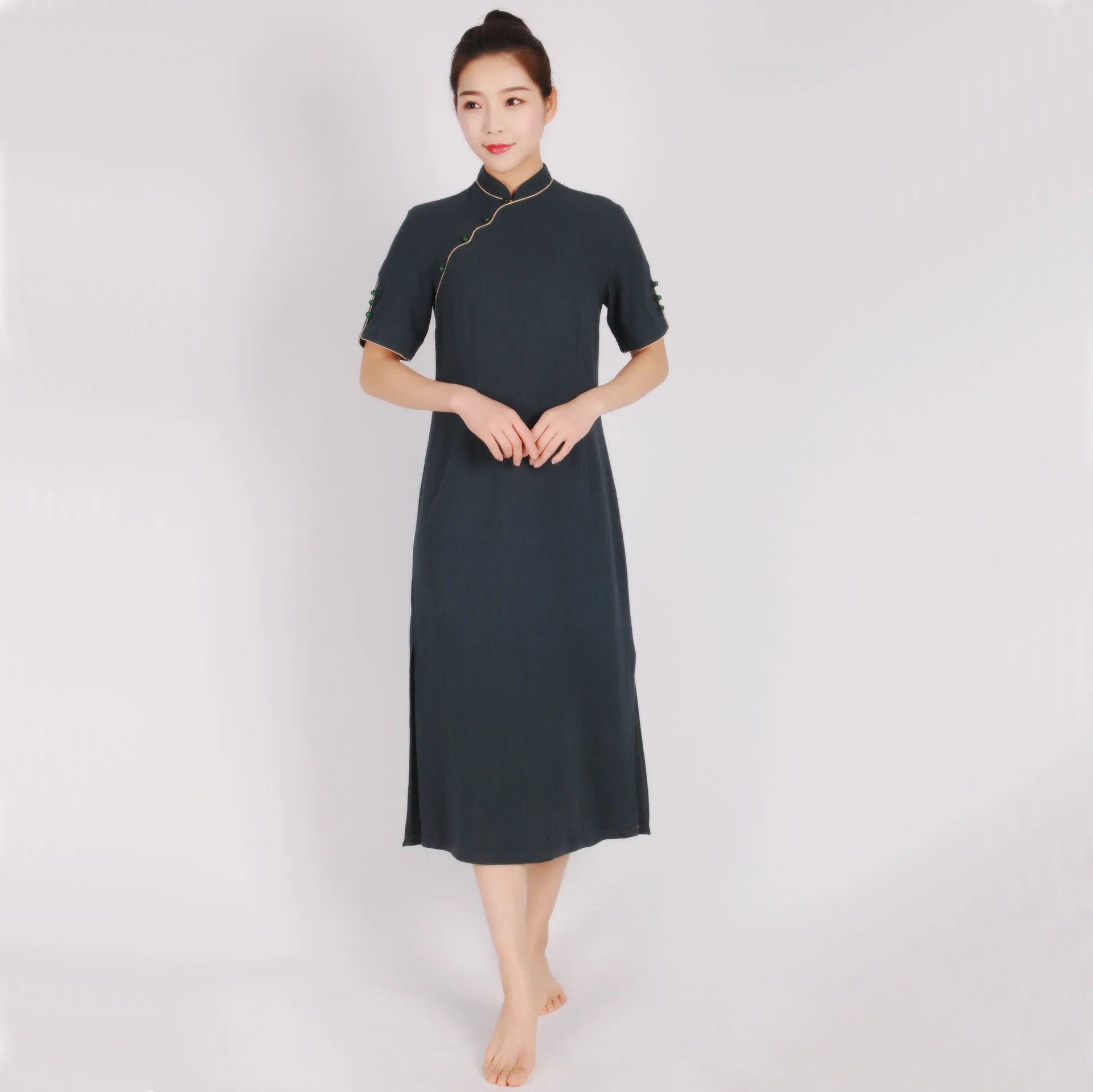 Linen Tea Art Clothes Women's Dress Etiquette Reception Front Desk Frock Long Cotton and Chinese Style Stand Collar