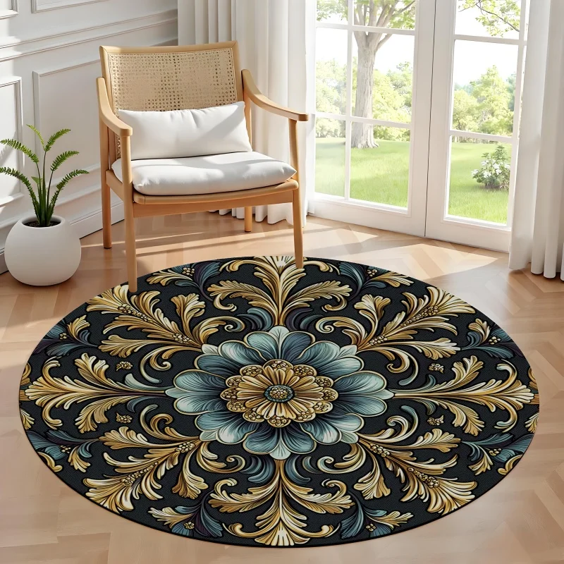 Ornate Sacred Circular Totem for Leisure Area Carpet Vintage Flourish Rug Non Slip Sophisticated Residential Floor Accent Decor