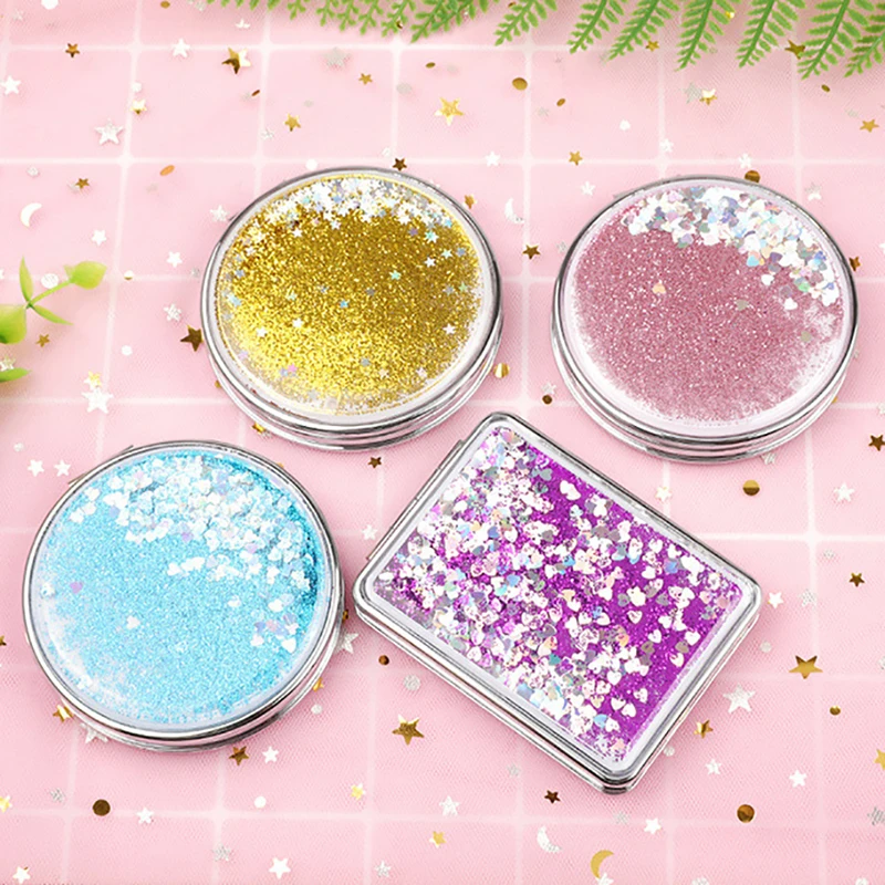 Sequined Quicksand Compact Mirror Round /Rectangle Makeup Mirror Folding Mini Pocket Mirror Portable Hand Mirror Double-Sided