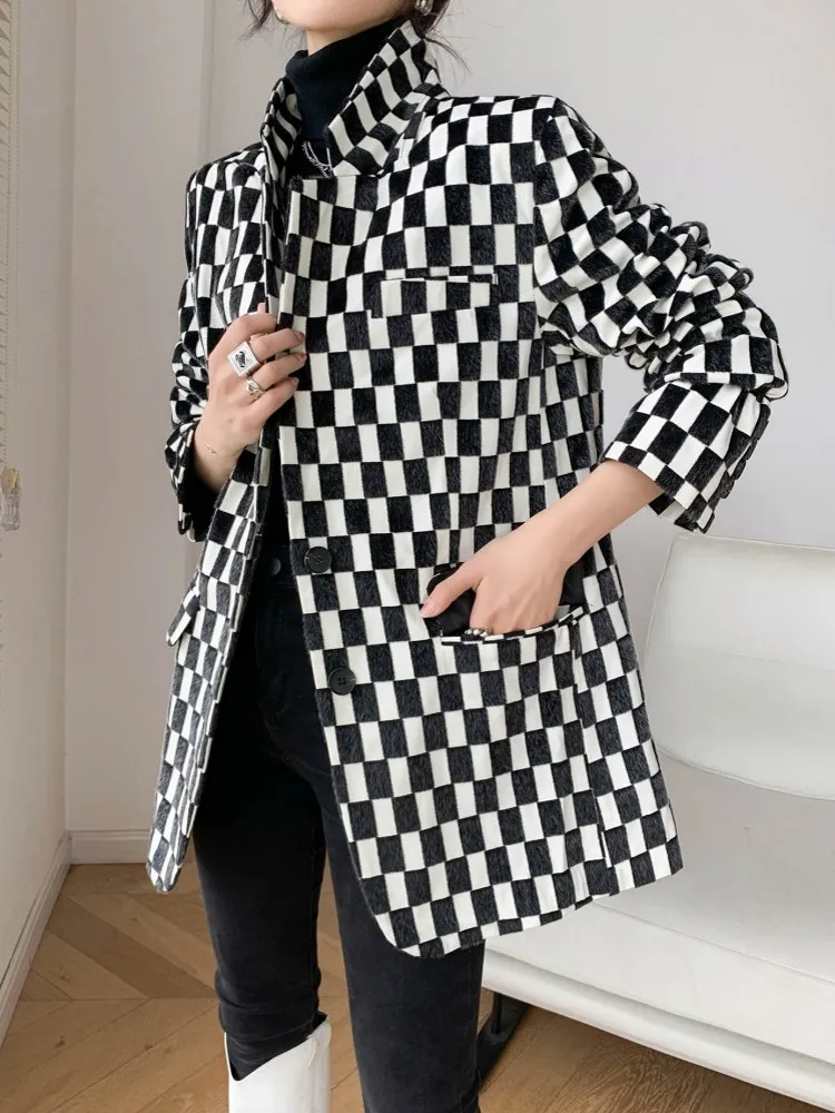 Designer Oversized Blazer Office Ladies Work Mid Long Loose Fit Plaid Suit Coat Autumn New Single Breasted High Street Jacket