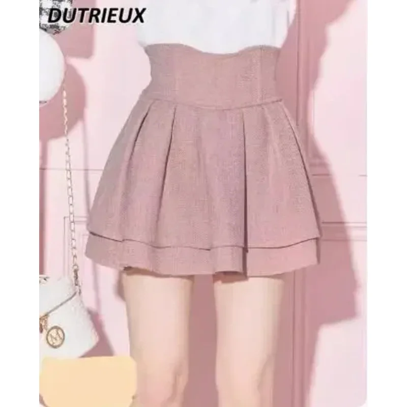 ロリータ風スカート フリル プリーツ チェック柄 レディース 2024年 春 ウエストゴム ハイウエスト スリミング ジェントル ミニスカート キュロット;2'k,8;c'